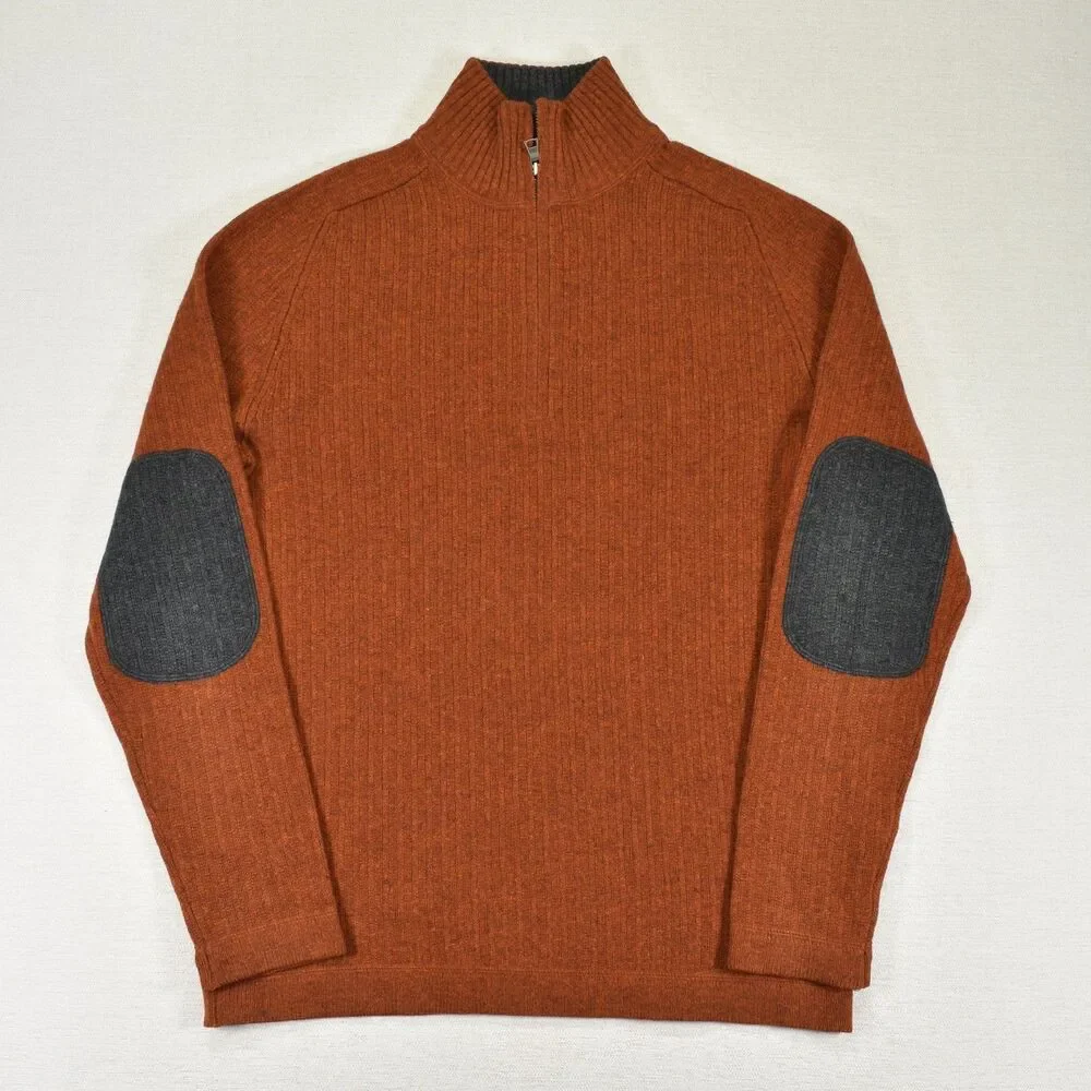 Banana Republic Mens L Burnt Orange Wool Blend Quarter Zip Sweater Elbow Patches
